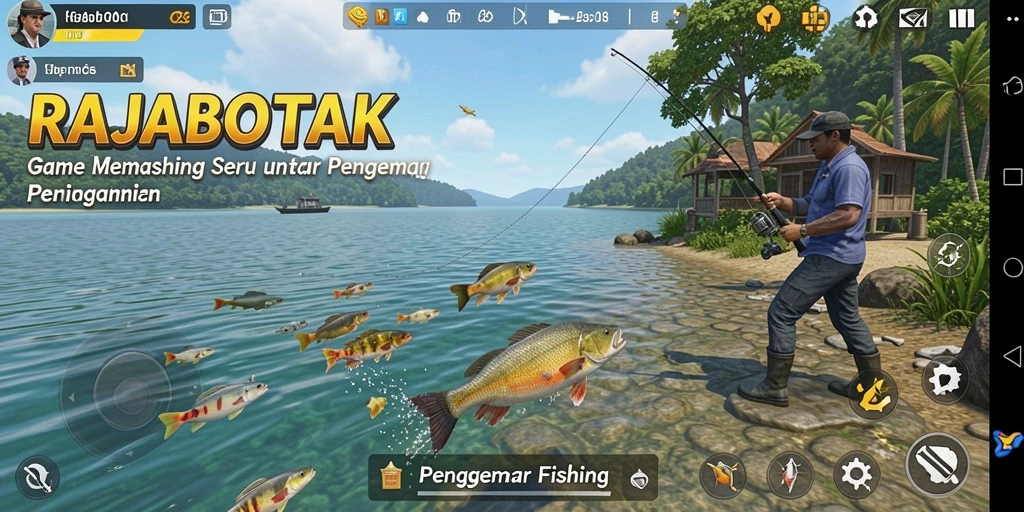 Tampilan gameplay menarik RAJABOTAK dengan suasana memancing yang seru.