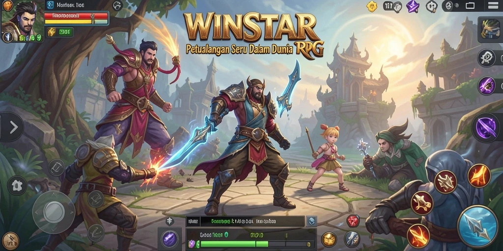 Screenshot WINSTAR menampilkan karakter dalam pertempuran epik di dunia RPG.